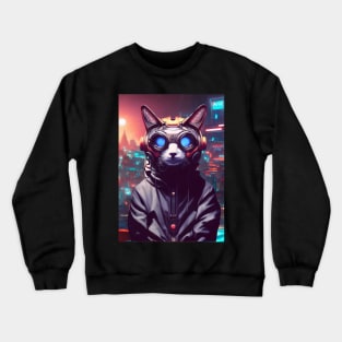 Cool Japanese Techno Cat In Japan Neon City Crewneck Sweatshirt